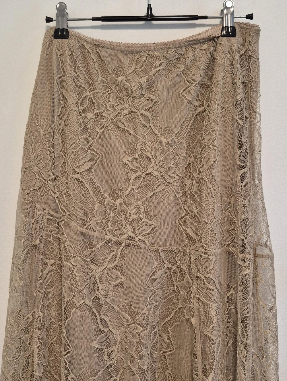 Anthropologie Asymmetric Drop-Waist Lace Midi Skirt Pull-On Taupe Size M $128